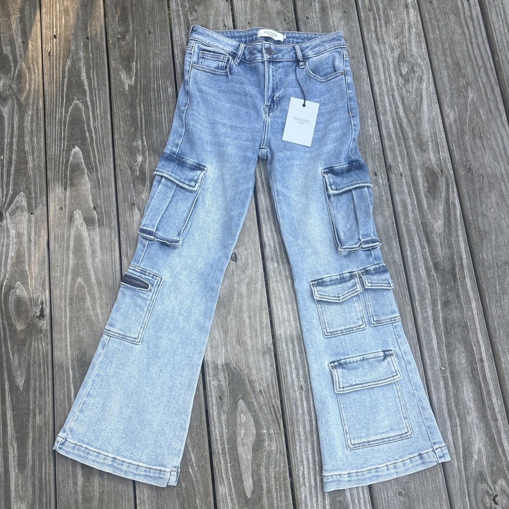 Hidden Jeans Crop mid rise Flare Cargo 26 NWT stretch blue cotton blend $102